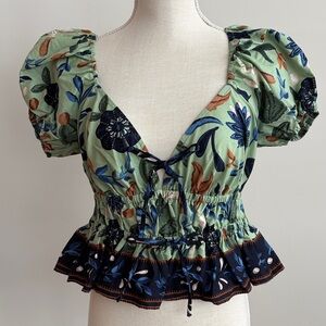 NWT Juniors Floral Puff Sleeve Peplum Top - Sage Green Size S